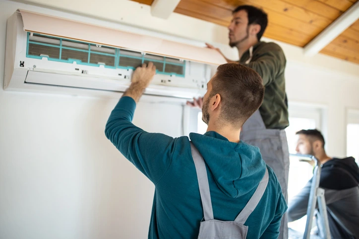 Two men collaboratively installing an air conditioner, focused on their task in a well-lit environment.